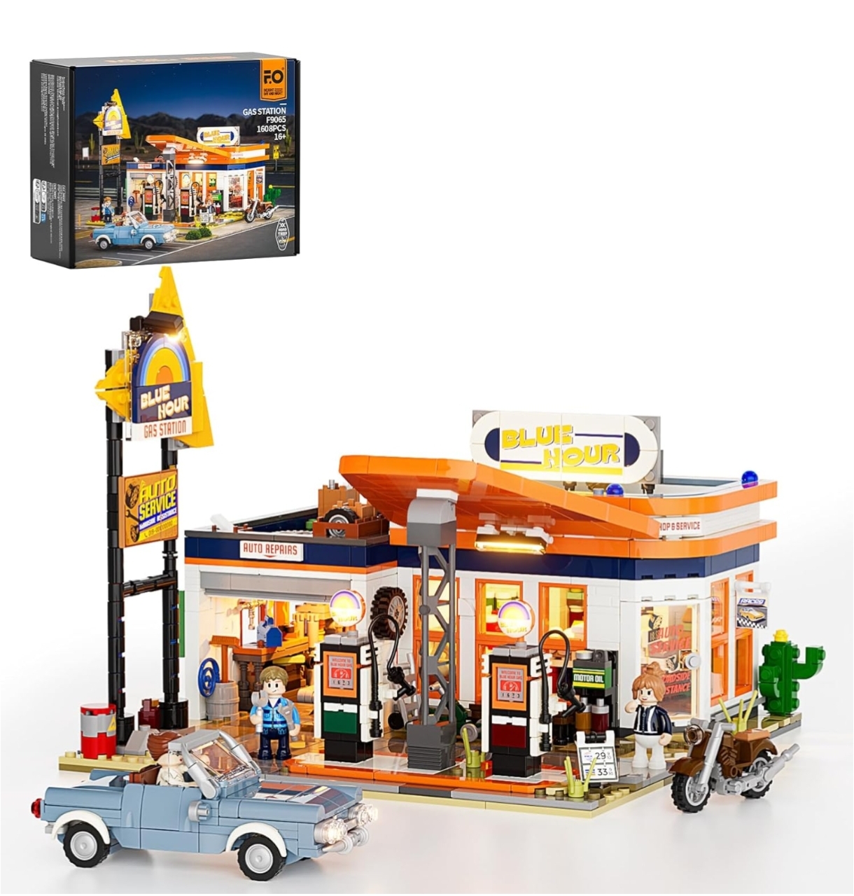 ليگو محطة وقود كلاسيكية – FUNWHOLE City Gas Station مع إضاءة – 1608 قطعة