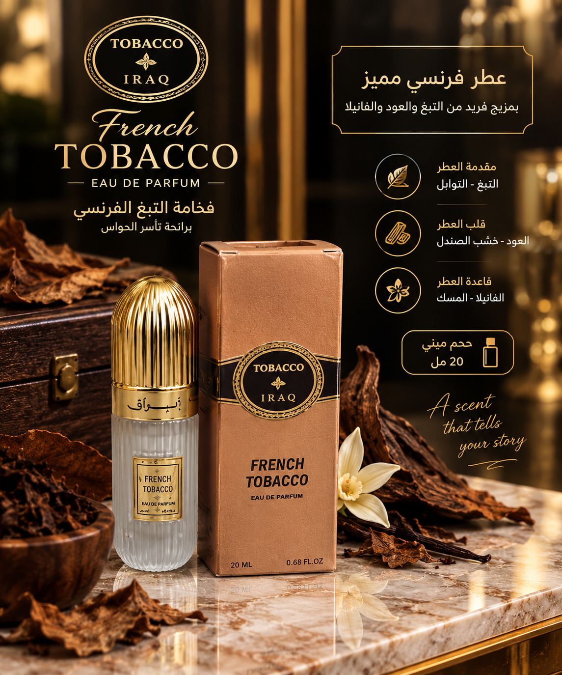 عطر يحمل اسم French Tobacco (التبغ الفرنسي) من براند يُدعى Tobacco Iraq.
