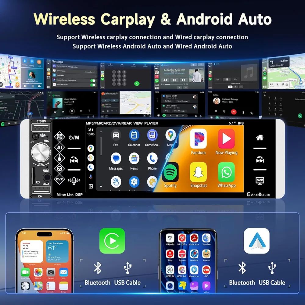 مسجل سيارة Fuluku مع شاشة لمس 5.1 بوصة ودعم Apple CarPlay وAndroid Auto اللاسلكي