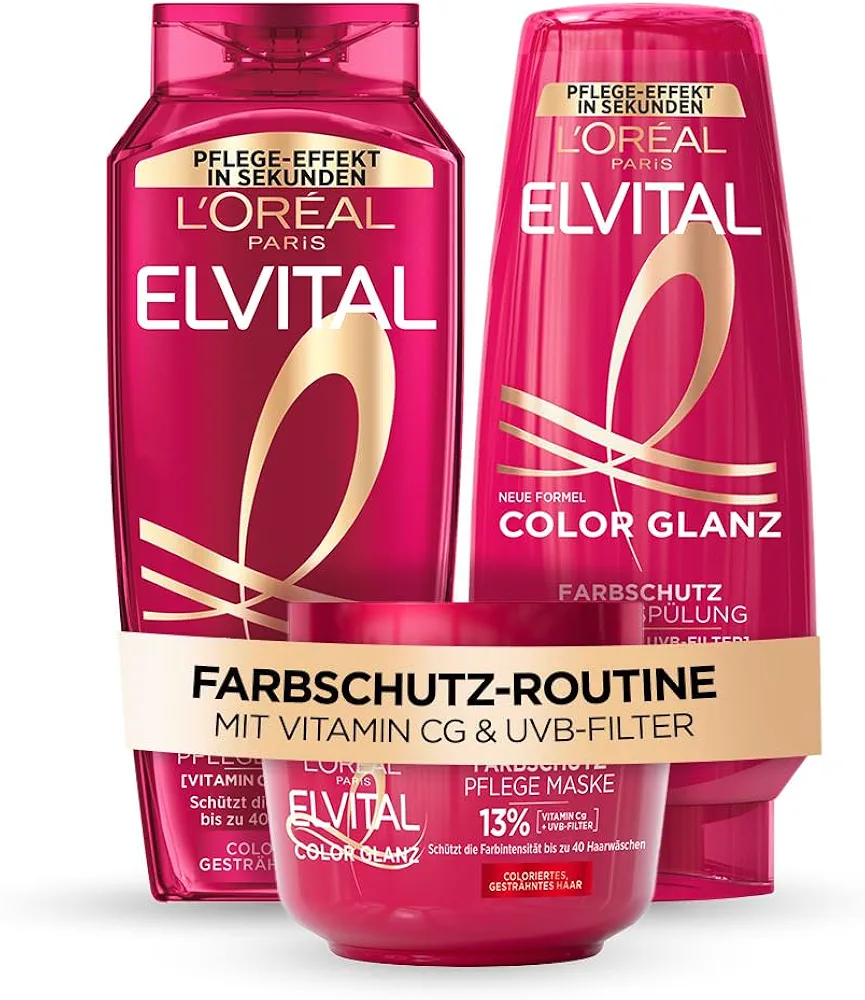 مجموعة عناية للشعر المصبوغ L’Oréal Paris Elvital Colour Shine (شامبو 300ml + بلسم 250ml + ماسك 300ml) – حماية لون ولمعان