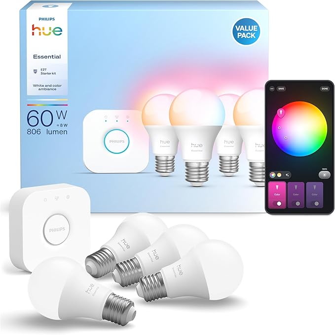 مجموعة  للإضاءة الذكية Philips Hue Essential جهاز Bridge مع 4 مصابيح E27 White and color ambiance