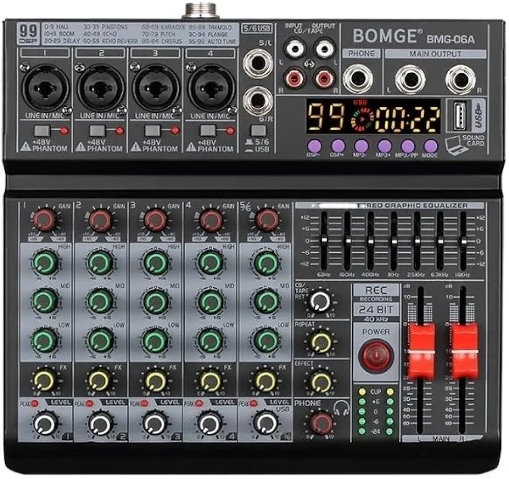 ميكسر صوت 6 قنوات 99DSP مع Bluetooth و USB/MP3 و EQ سباعي – BOMGE BMG-06A