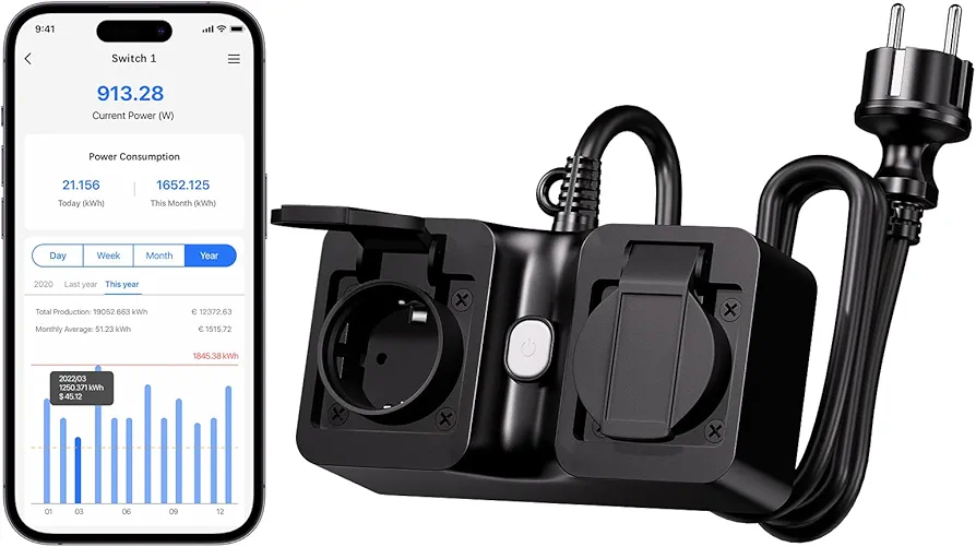 مقبس Meross ذكي خارجي Wi-Fi عدد 2 مع قياس استهلاك الكهرباء IP44 – 16A سلك 1.5م