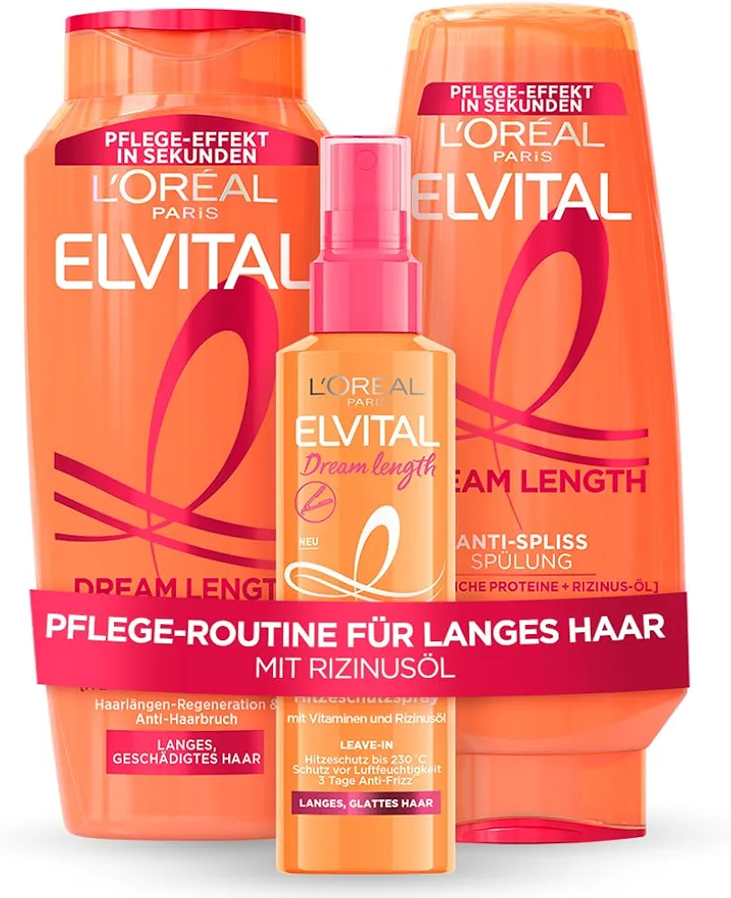 مجموعة عناية للشعر الطويل والمتضرر L’Oréal Paris Elvital Dream Length (شامبو 300ml + بلسم 250ml + بخاخ حماية حرارية 150ml) – ضد التقصف والهيشان