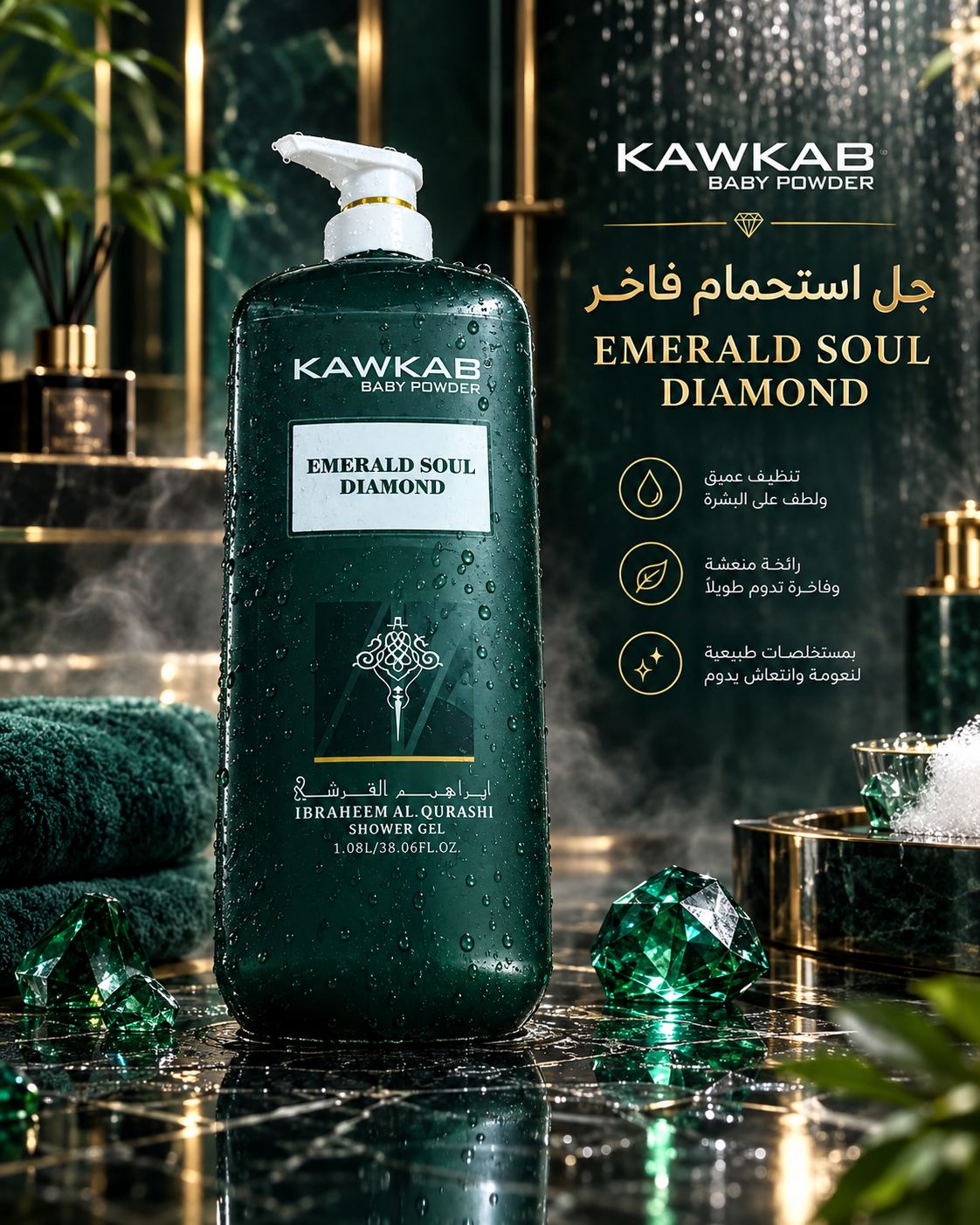 جل استحمام فاخر من ماركة كوكب (KAWKAB) برائحة بودرة الأطفال إصدار Emerald Soul Diamond (بإيحاء عطور إبراهيم القرشي)،