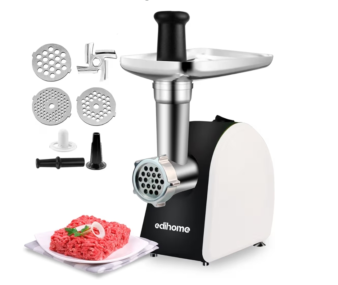 فرامة لحم كهربائية متعددة الوظائف من Edihome – مع 3 شفرات وملحق النقانق، لون أسود وأبيض 🍖⚡